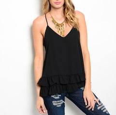 Ruffle Hem V-Neck Chiffon Top in Black