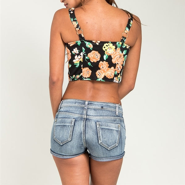 Button Down Floral Print Crop Top in Black