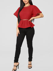 Ruffle Sleeve Peplum Top in Red