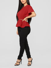 Ruffle Sleeve Peplum Top in Red