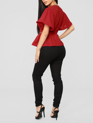 Ruffle Sleeve Peplum Top in Red