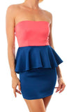 Strapless Open Back Peplum Dress in Coral & Blue