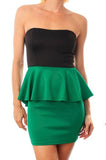 Strapless Open Back Peplum Dress in Green & Black