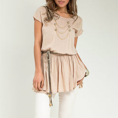 Short Sleeve Empire Waist Top with Belt in Beige