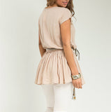 Short Sleeve Empire Waist Top with Belt in Beige