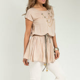 Short Sleeve Empire Waist Top with Belt in Beige