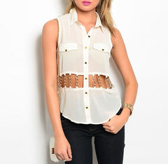 Cut Out Chain Waist Button Down Sheer Chiffon Top in Cream