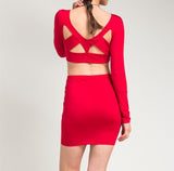 Waist Cut Out Super Stretch Bodcon Long Sleeve Dress in Deep Red