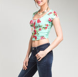 Lace Back Floral Print Crop Top in Mint