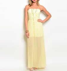 Lace & Chiffon Overlay Maxi Strapless Dress in Yellow