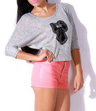 Bow & Sequin Designed Open Back Crop Top Sweater in Gray