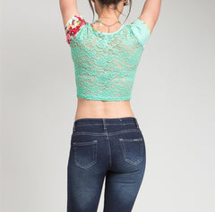 Lace Back Floral Print Crop Top in Mint