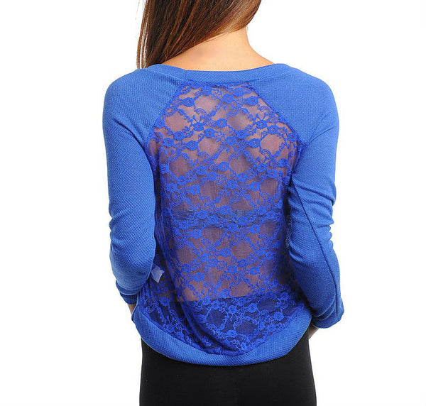Heart Print Laced Back Long Sleeve Top in Blue