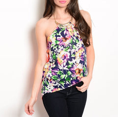 Necklace Halter Floral Print Top in Navy & Neon Orange