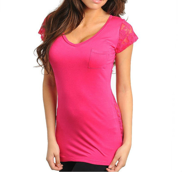 Lace Back Light Tee in Fuchsia