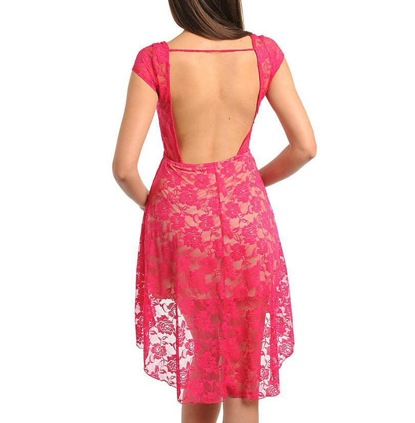 Lace Overlay Hi-Lo Dress in Fuchsia