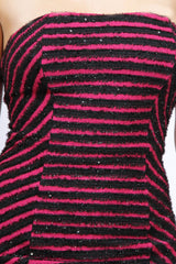 Sparkly Glitter Striped Strapless Dress in Magenta & Black