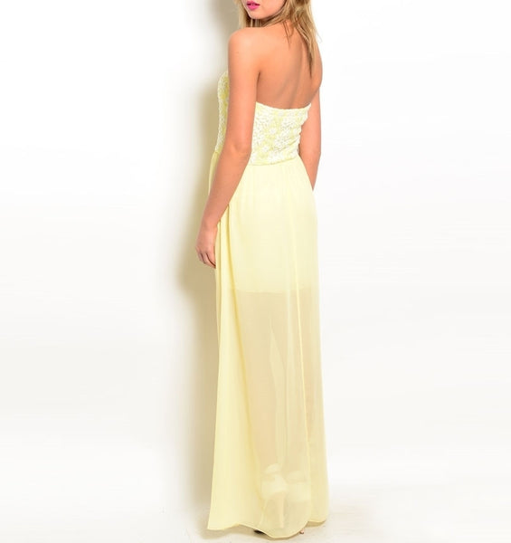 Lace & Chiffon Overlay Maxi Strapless Dress in Yellow