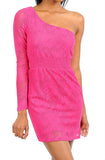 Floral Lace One Shoulder Long Sleeve Dress in Pink
