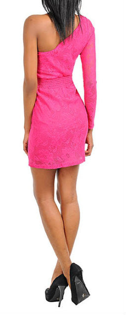 Floral Lace One Shoulder Long Sleeve Dress in Pink