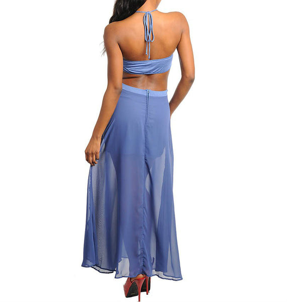 Cut Out Chiffon Maxi Dress in Blue