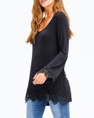 Crochet Hem Long Sleeve Tunic Top in Black