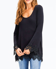 Crochet Hem Long Sleeve Tunic Top in Black