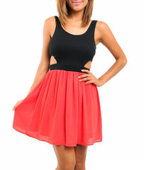 Sleeveless Cut-Out Chiffon Skater Dress in Red & Black