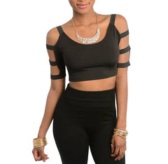 Banded Sleeve and Shoulder Strap Crop Top in Black