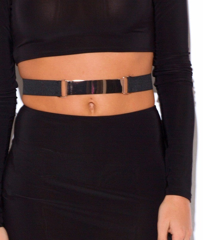 Cut Out Waist Belted Long Sleeve Form Fitting Dress in Black