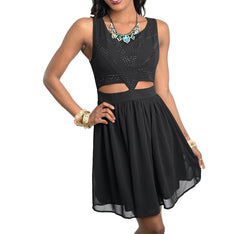 Cut Out Rhinestone Flowy Sleeveless Dress in Black
