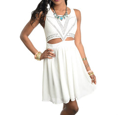 Cut Out Rhinestone Flowy Sleeveless Dress in Ivory