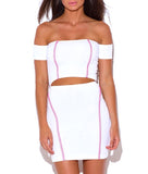 Off Shoulder Cut Out Waist Bodycon Dress in White & Pink