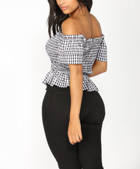 Off Shoulder Lace Up Gingham Top in Black and White