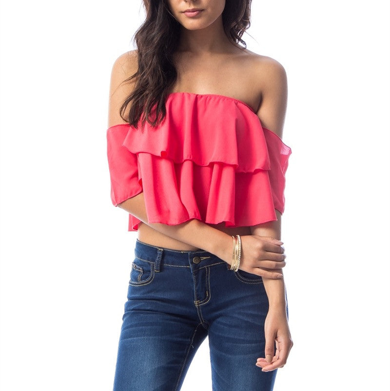 Off Shoulder Layered Ruffle Crop Top in Coral