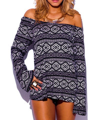 Tribal Print Off Shoulder Long Sleeve Loose Tunic Top in Black & Beige