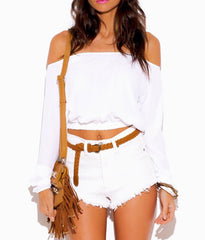 Long Sleeve Off Shoulder Crop Top in White