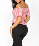 Off Shoulder Lace Up Gingham Top in Red and White
