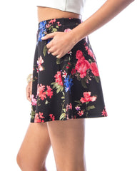 Floral Print Skater Skirt in Black and Pink