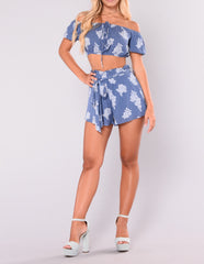 Off Shoulder Crop Top and Shorts Two Piece Set in Denim Blue