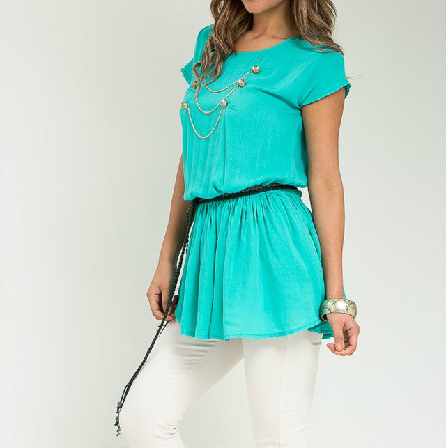 Short Sleeve Empire Waist Top with Belt in Turquoise