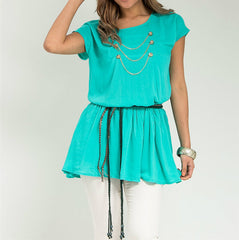 Short Sleeve Empire Waist Top with Belt in Turquoise