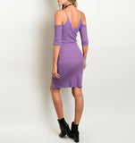Cold Shoulder Ribbed Knit Dress in Purple