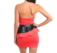 Strapless Faux Leather Peplum Mini Dress in Coral & Black