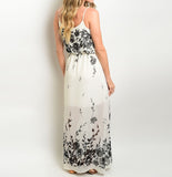 Rose Print Side Slit Maxi Dress in Cream and Black