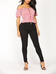 Off Shoulder Lace Up Gingham Top in Red and White