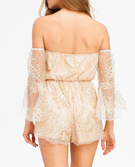 Off Shoulder Boho Glitter Embellished Romper in Nude and Gold