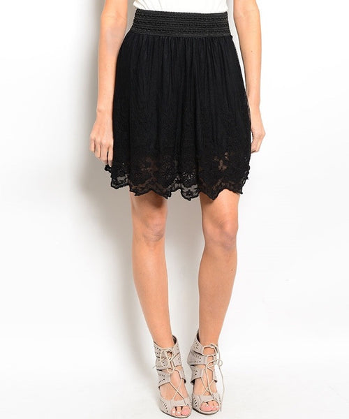 Scalloped Lace Hem High Waist Flared Skirt in Black