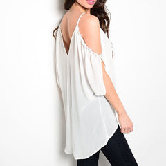 Cold Shoulder Long Sheer Chiffon Top in Ivory