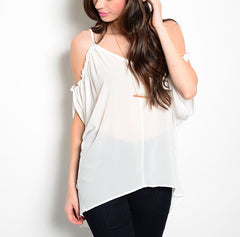 Cold Shoulder Long Sheer Chiffon Top in Ivory